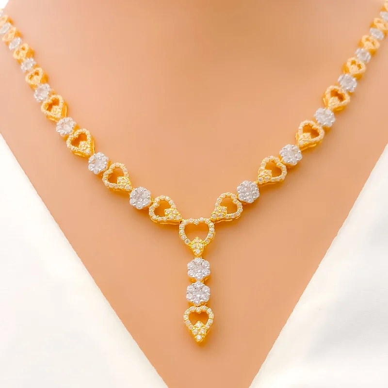 Refined Charming Floral Heart 22k Gold CZ Necklace Set