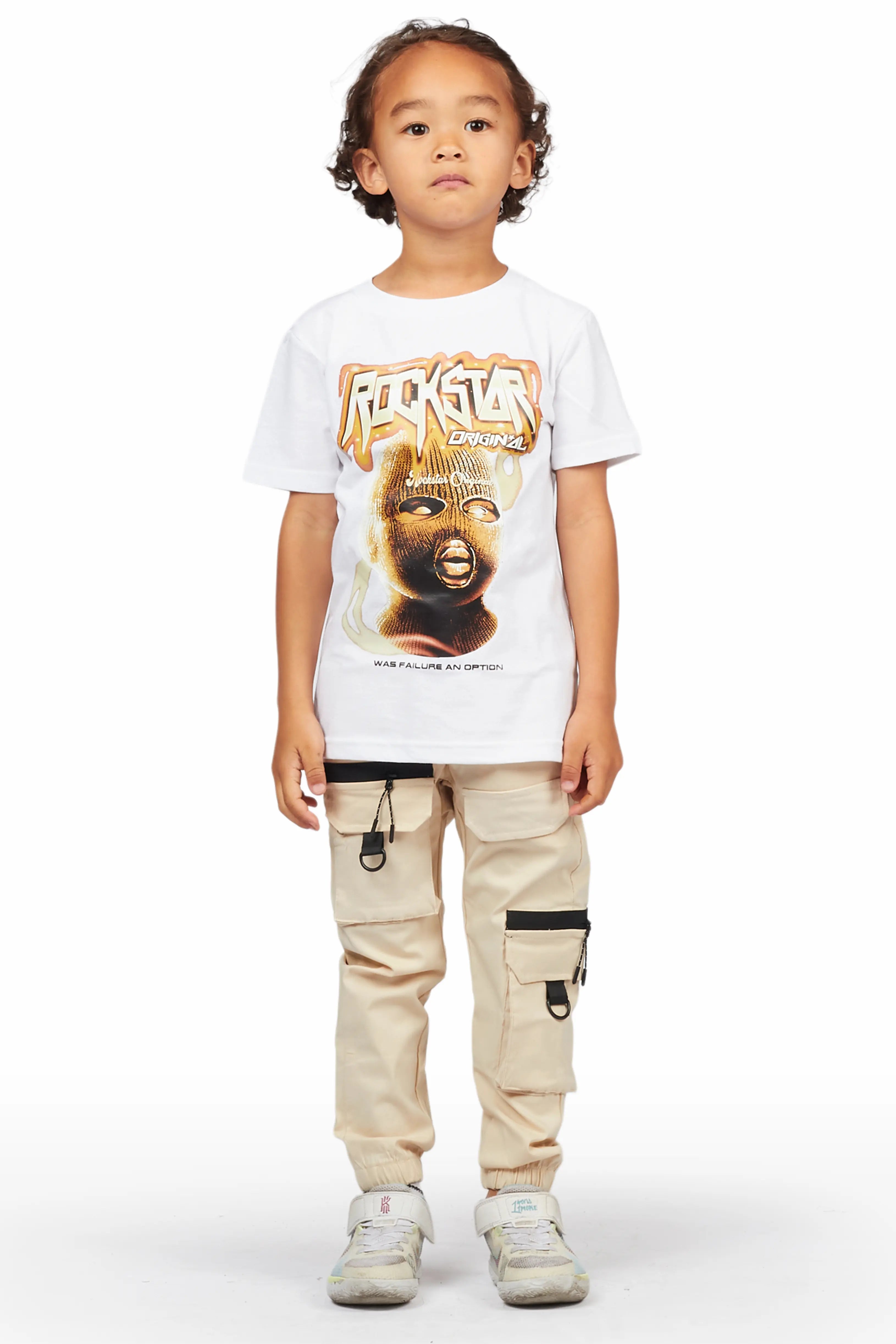 Boys Yuuki White/Beige T-Shirt Cargo Pant Set