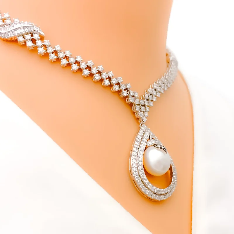 WHITE GOLD DIAMOND + 18k Gold SET WITH HANGING PEARL