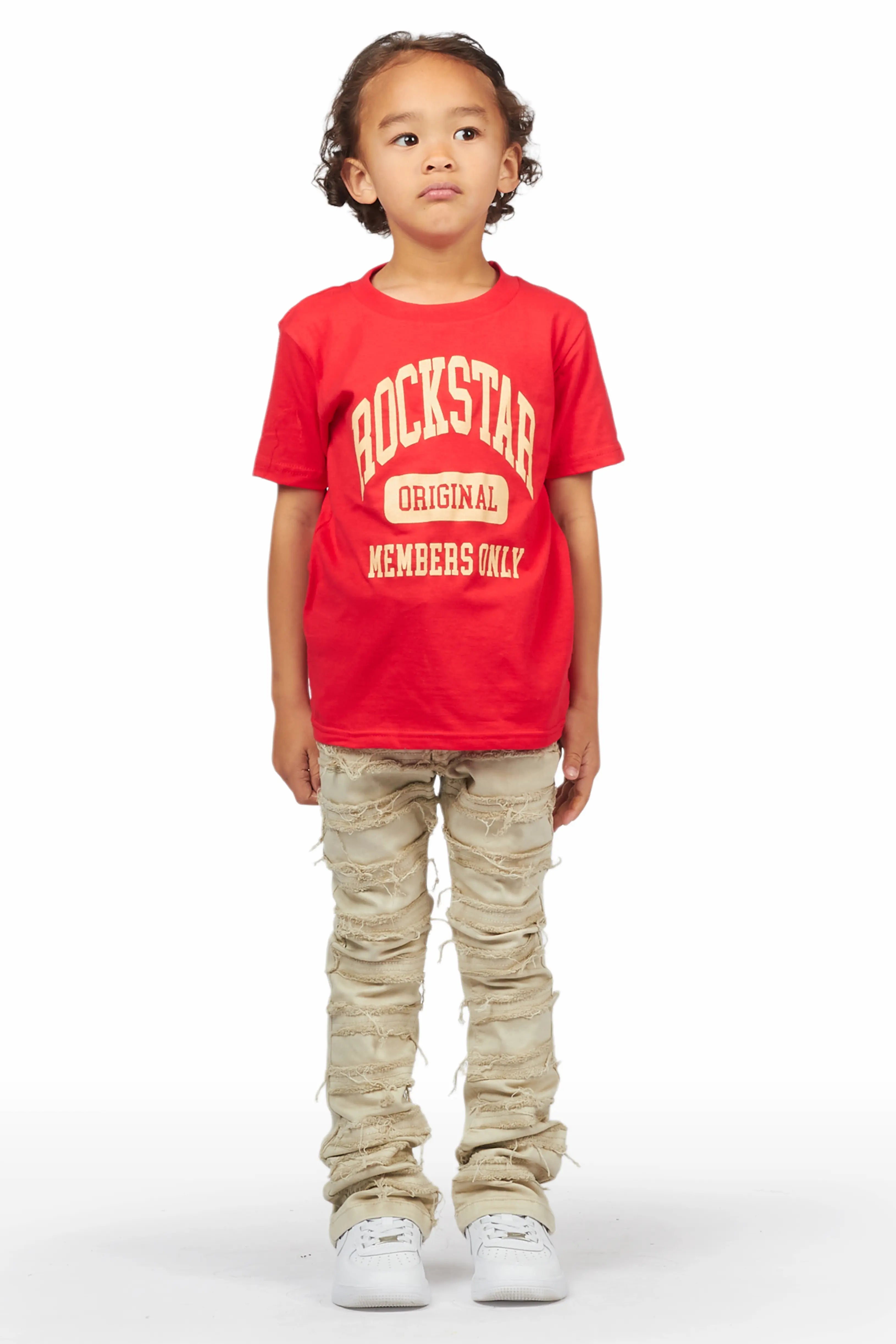 Boys Raam Red T-Shirt/Frayed Skinny Stacked Flare Jean Set