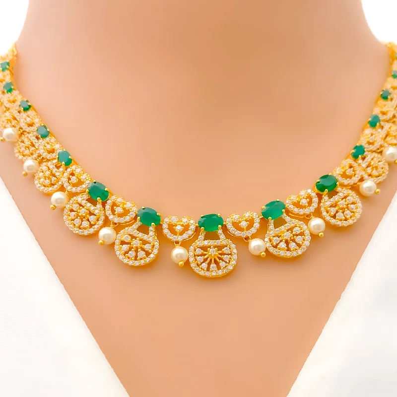 Vibrant Charming Flower 22k Gold CZ Necklace Set