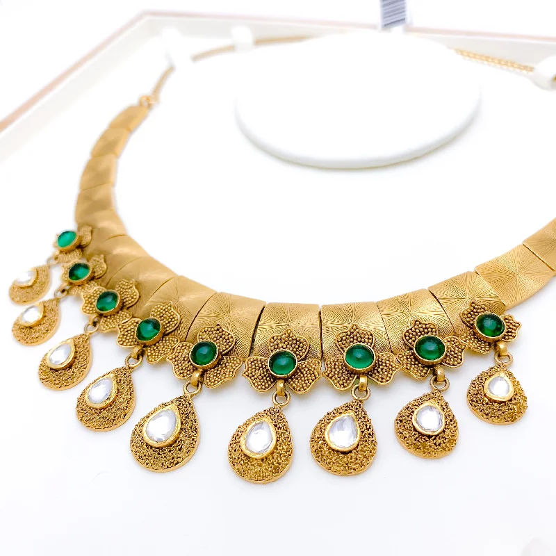 Green Kundan Clover 22k Gold Oxidized Set