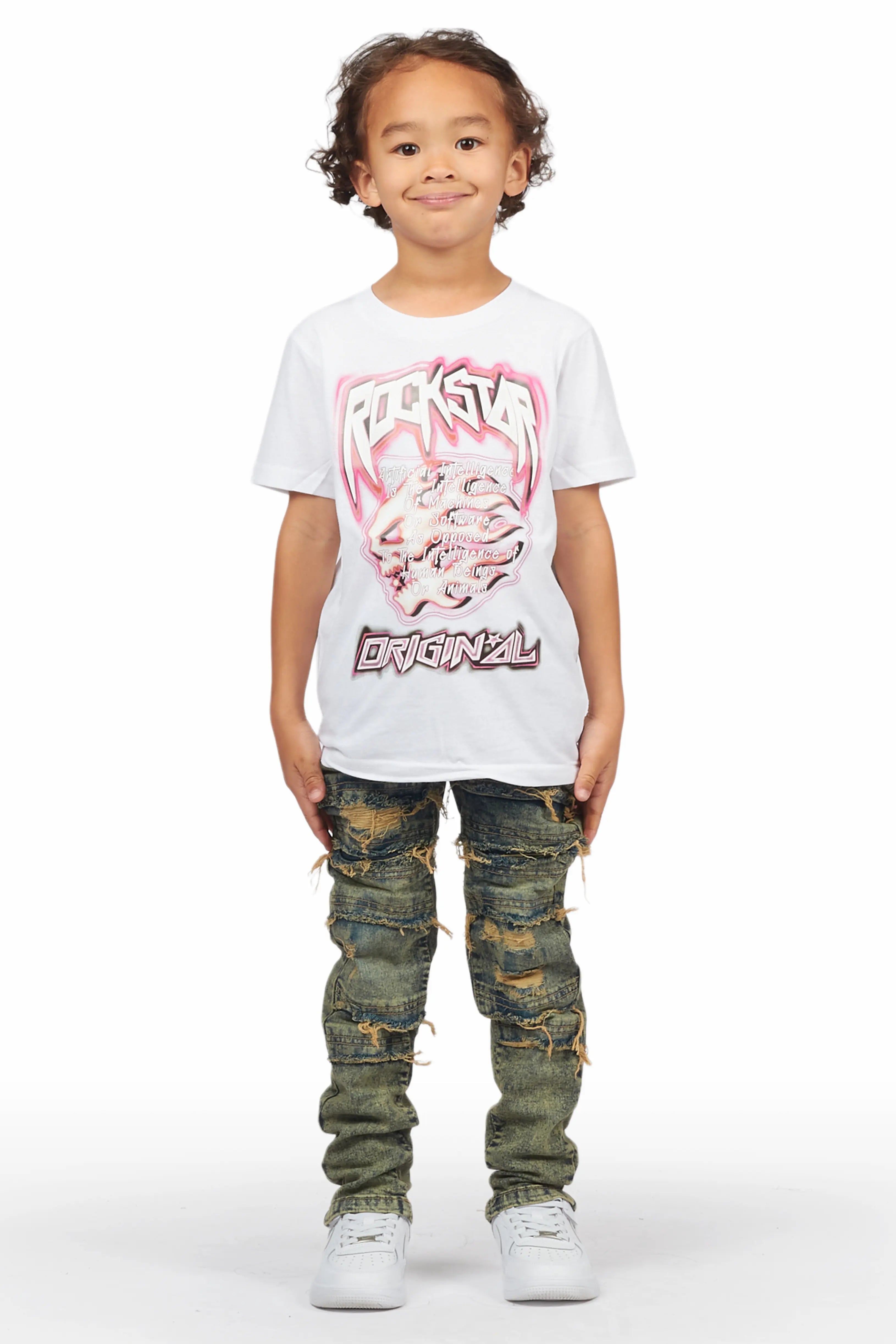 Boys Yates White/Light Blue T-ShirT/Frayed Jean Set