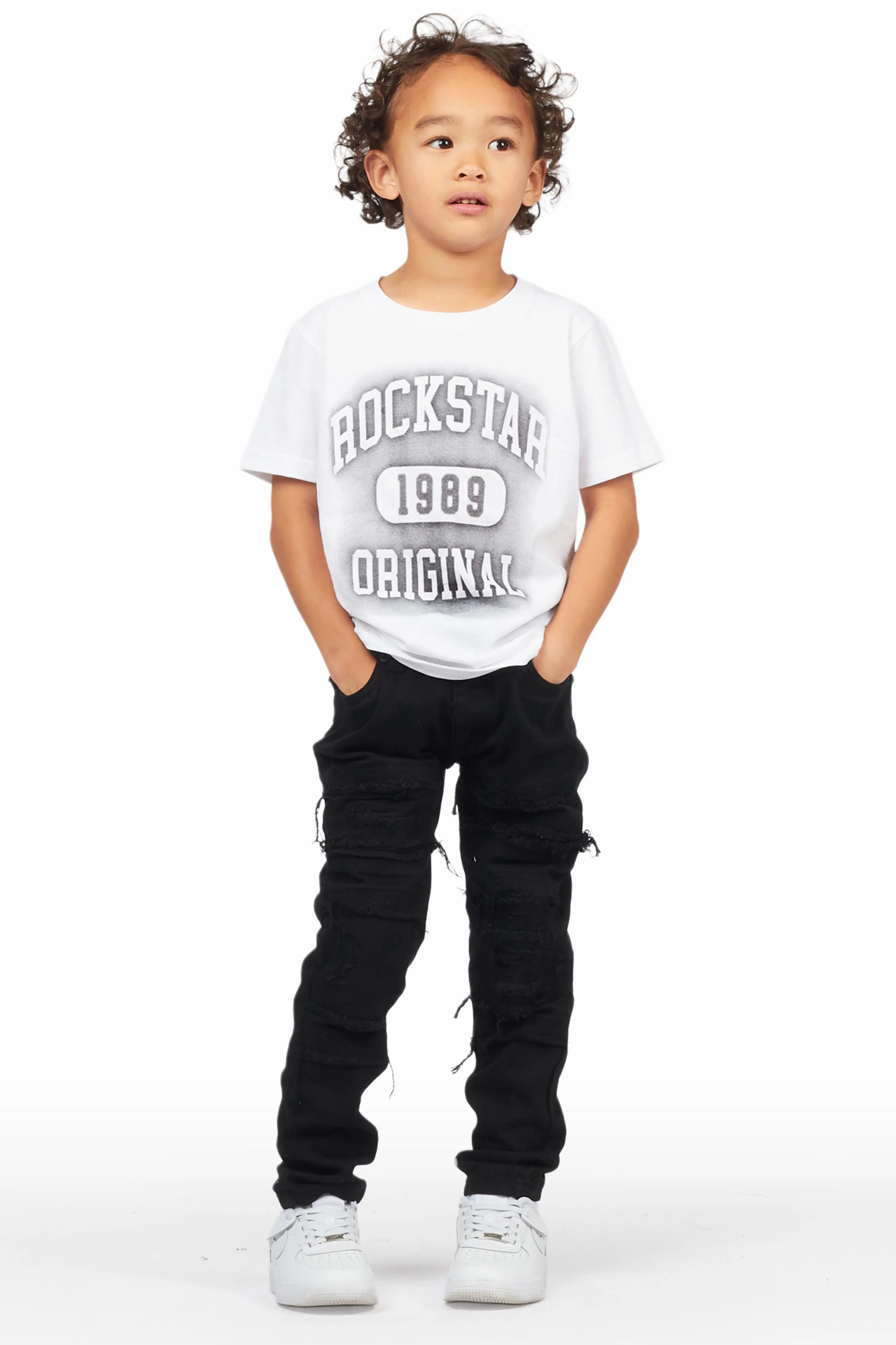 Boys Valko White/Black T-Shirt/Frayed Jean Set