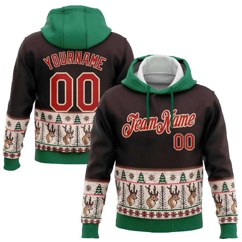 Custom Stitched Brown Red Cream-Kelly Green Christmas 3D Sports Pullover Sweatshirt Hoodie