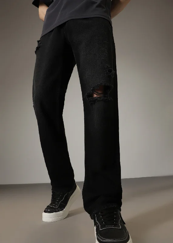 Black Ribbed Straight Fit Jeans