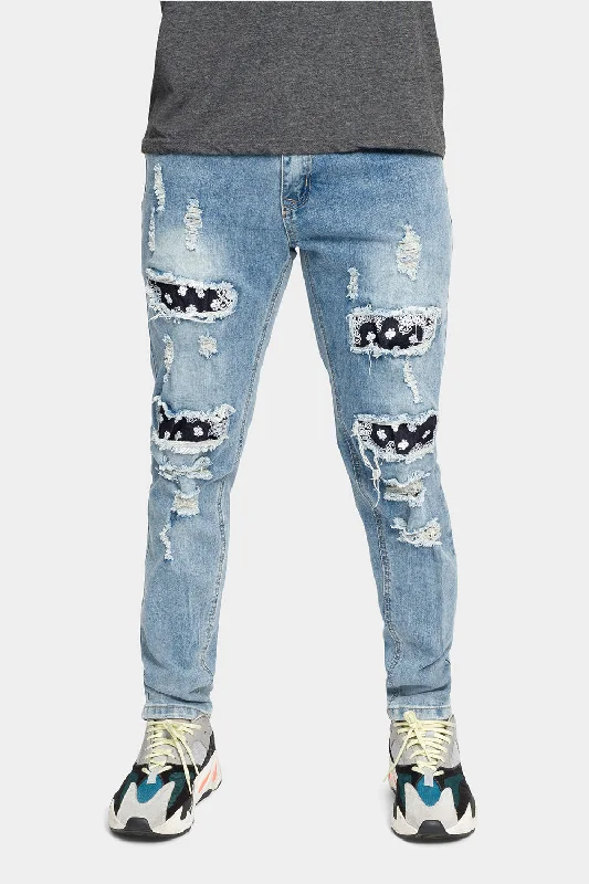 Distressed Bandana Paisley Patched Skinny Jeans