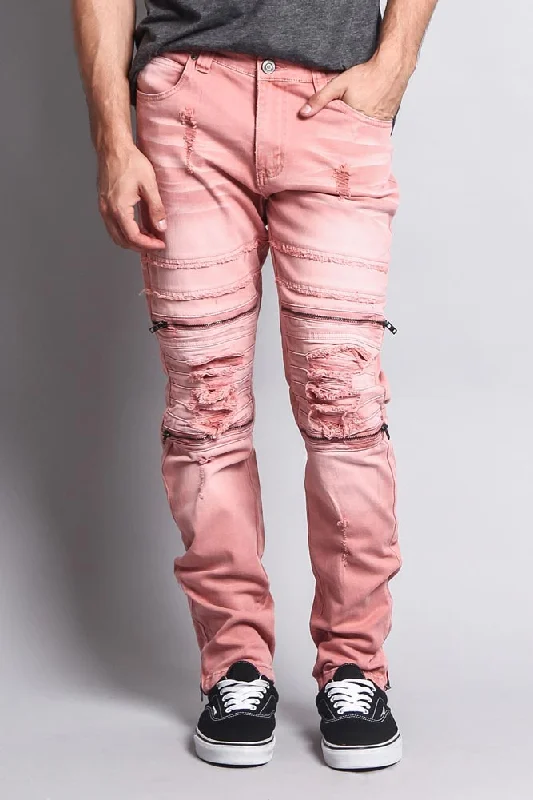 Faded Zipper Cut Distressed Knee Biker Denim Jeans