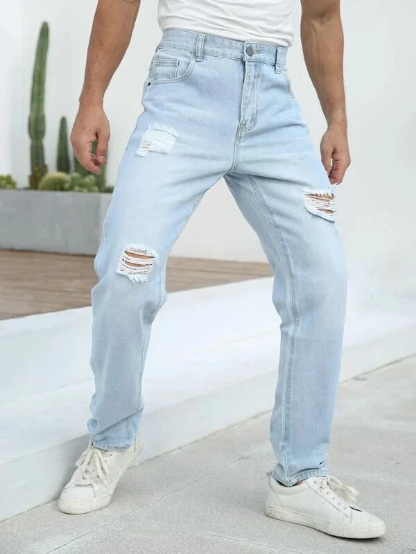 Sky Blue Torn Straight Leg Baggy Men Jeans