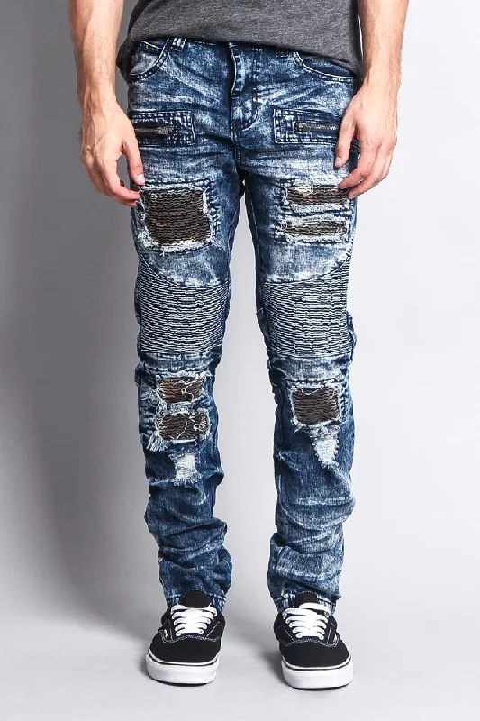 Stain Washed Contrast Patching Twill Biker Jeans