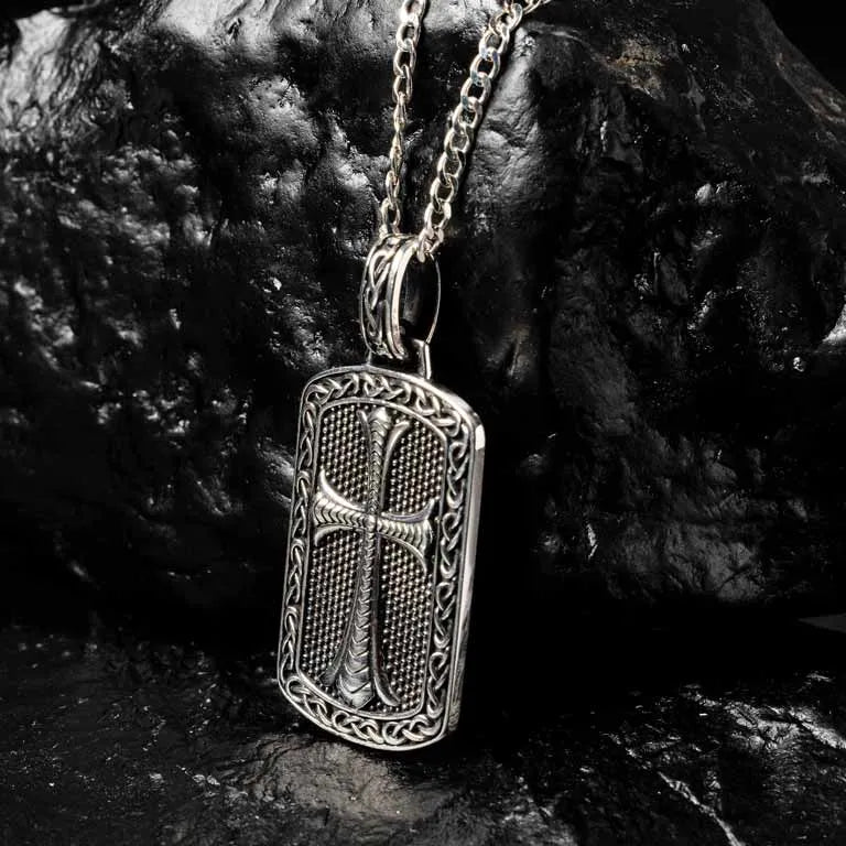 Large Sterling Silver Men’s Celtic Cross Dog Tag Necklace