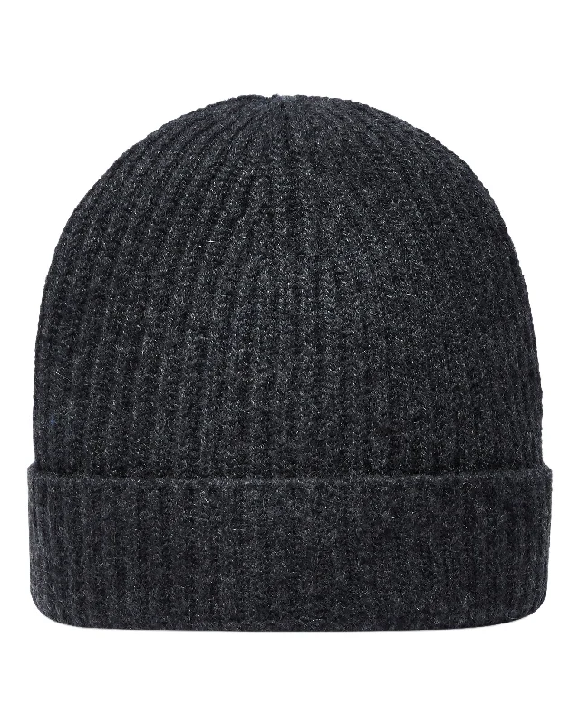 Unisex Ribbed Cashmere Hat Dark Charcoal Grey