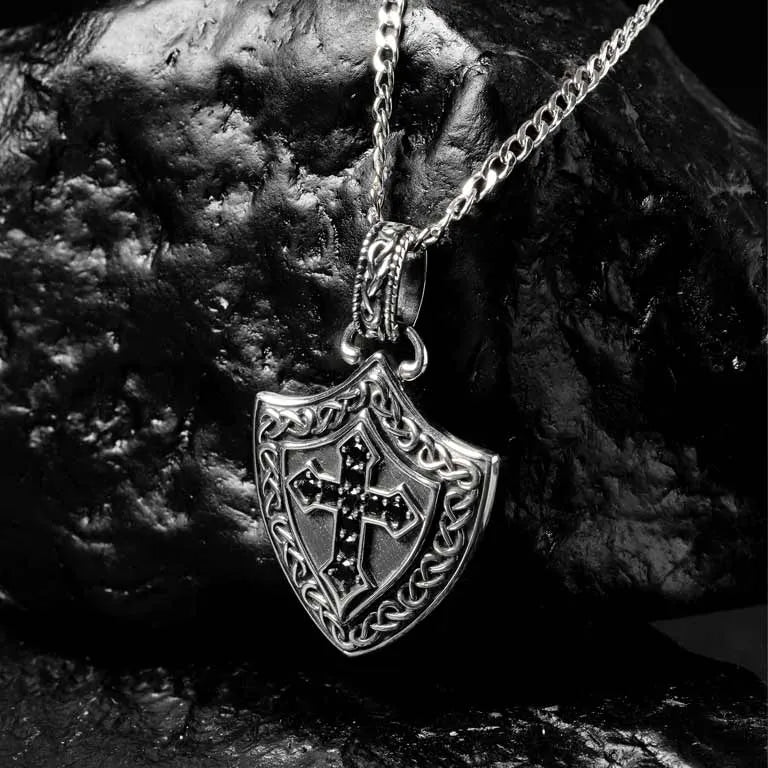 Sterling Silver Men’s Black Spinel Celtic Cross Shield Necklace