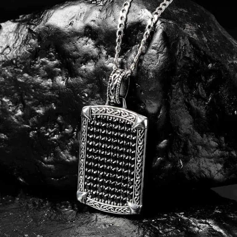 Sterling Silver Men’s Black Spinel Celtic Dog Tag Pendant