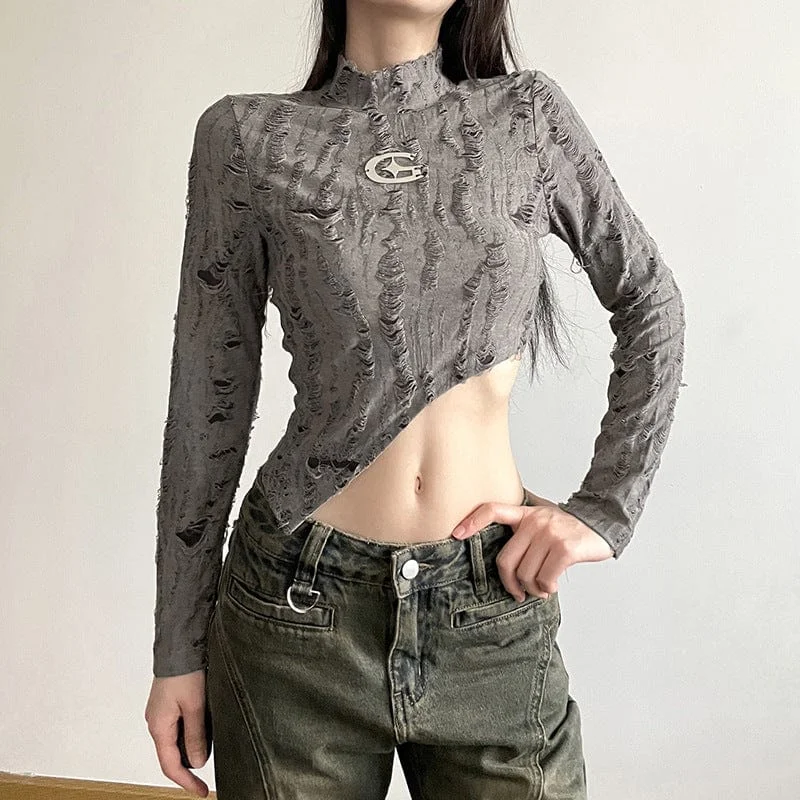 Women's Grunge Stand Collar Irregular Hem Long Sleeved Crop Top